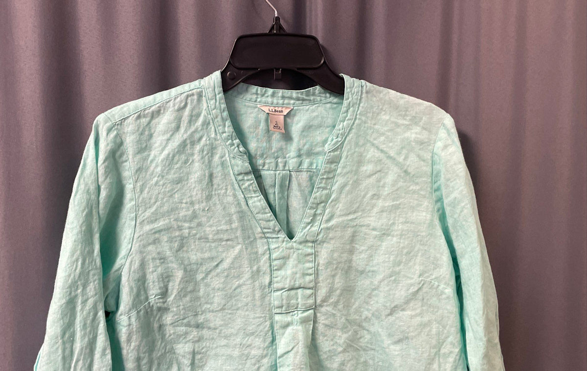 L.L.Bean Women's Aqua 100% Linen V-Neck High-Low Tunic Blouse Size S