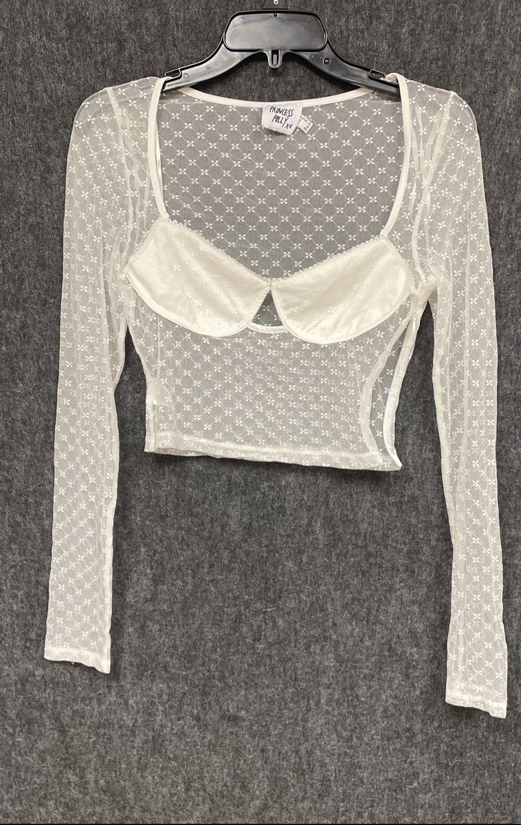 Princess Polly Hot Fuzz Crop Top White Sheer Mesh Bustier Long Sleeve Women's 8