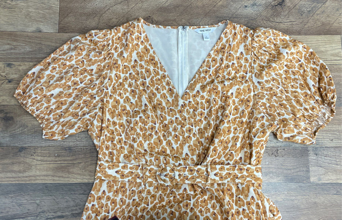 Nine West Women's Belted Dress Tan Leopard Print Short Puff Sleeve Size L