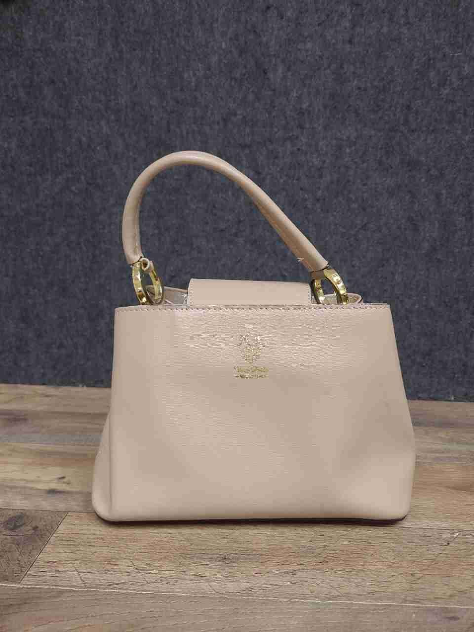 Vera Pelle Beige Saffiano Italian Leather Top Handle Satchel Bag Medium