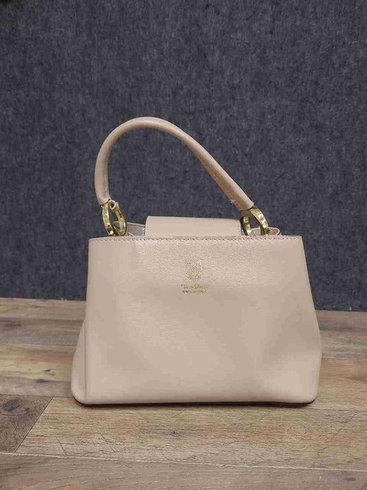 Vera Pelle Beige Saffiano Italian Leather Top Handle Satchel Bag Medium