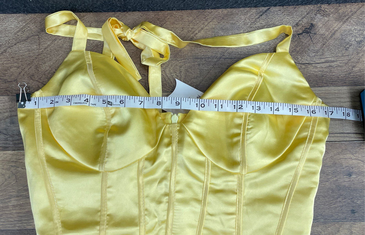 Missacc Women's Yellow Satin Halter Corset Draped Slit Maxi Dress NWT