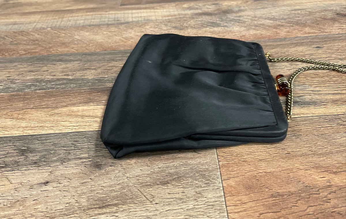 Vintage Ande Black Satin Evening Bag Clutch Gold Chain Amber Clasp Mirror