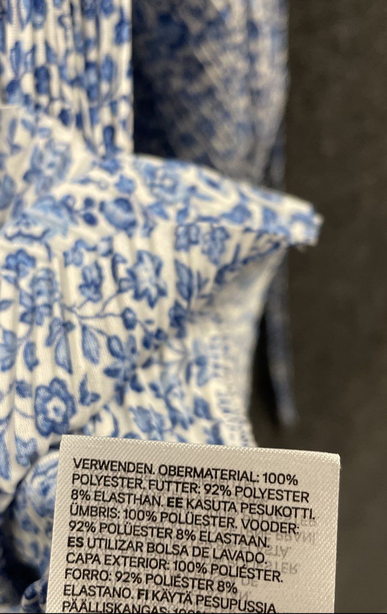 H&M Women's Blue White Floral Plisse Pleated Long Sleeve V-Neck Dress NWT Sz L