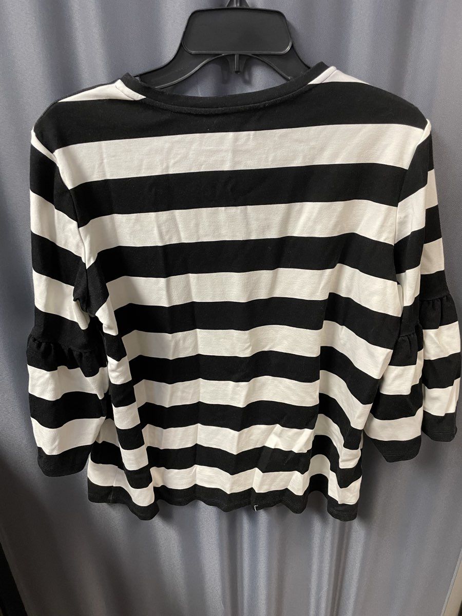 Lauren Ralph Lauren Women's Black White Striped Ruffle Sleeve Blouse Sz L