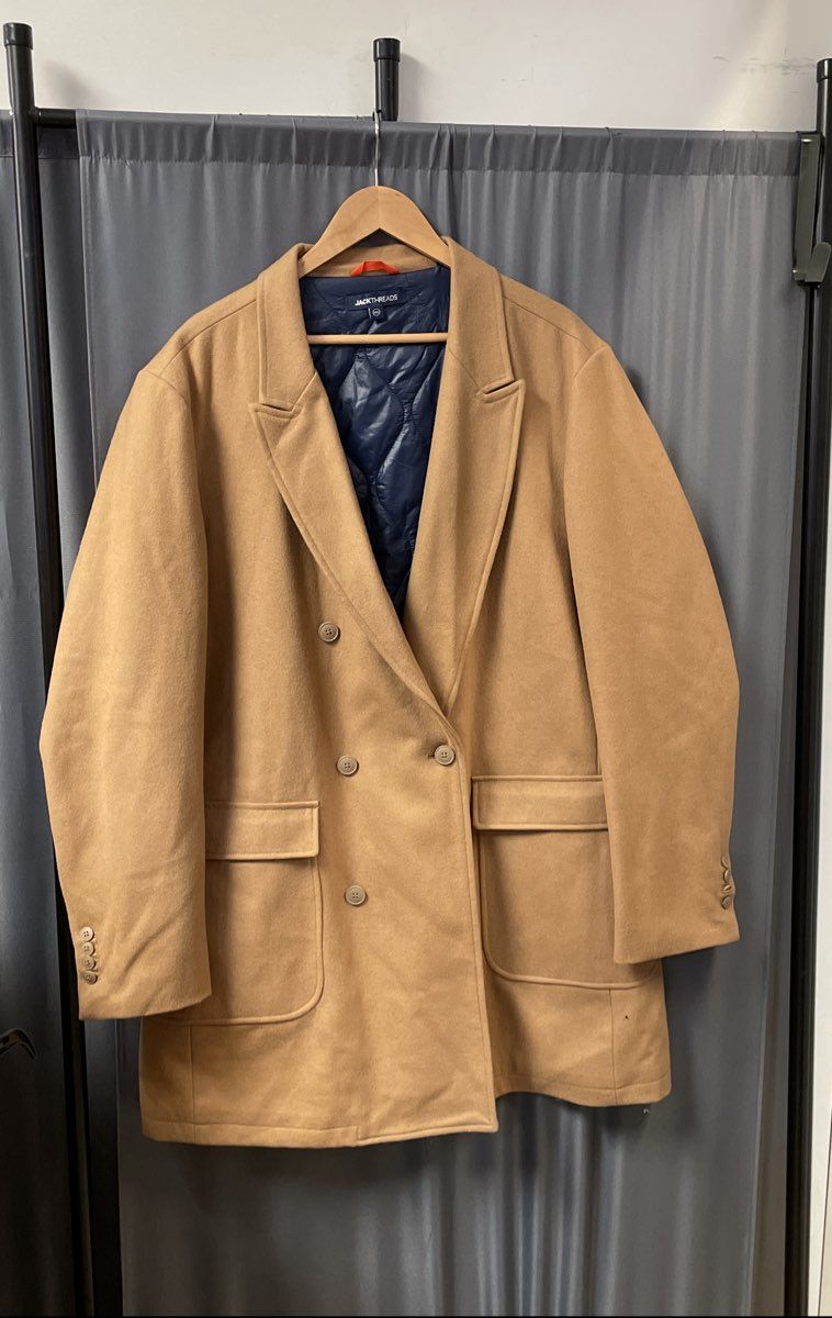 JackThreads Men's Tan Wool Blend Double Breasted Overcoat Quilted Lining Sz XXL