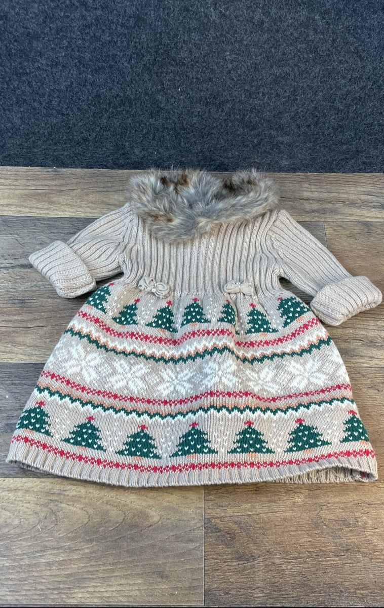Tommy Bahama Baby Girls Beige Fair Isle Christmas Sweater Dress Hat Set 3-6M