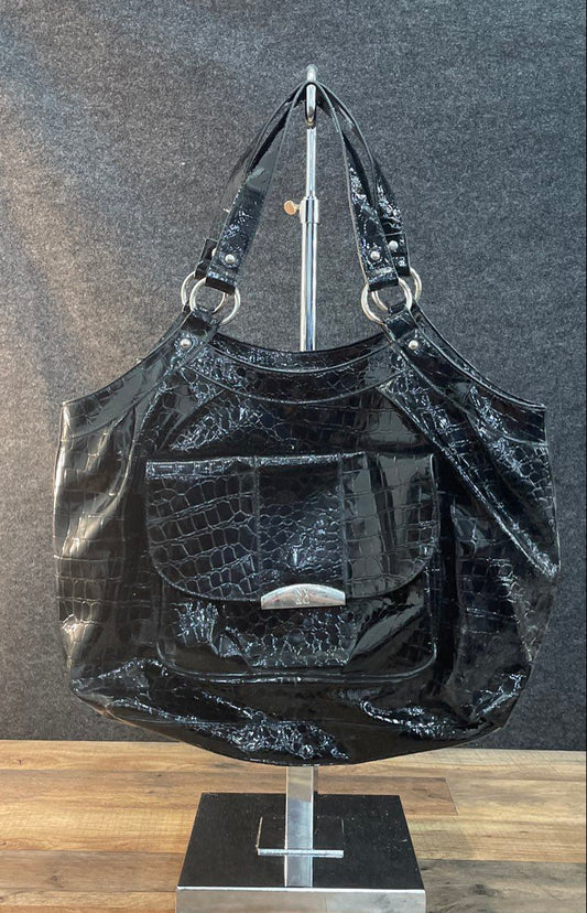 New York & Company Black Croc Embossed Patent Leather Shoulder Bag Large