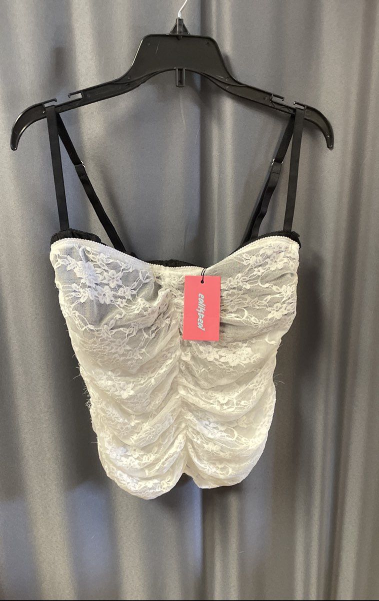 Edikted Women's White Black Ruched Lacy Floral Tank Top Adjustable Straps M NWT