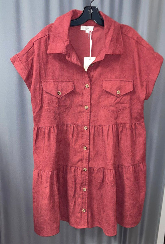 Entro NWT Women's Burgundy Corded Tiered Button Up Shirtdress Sz L