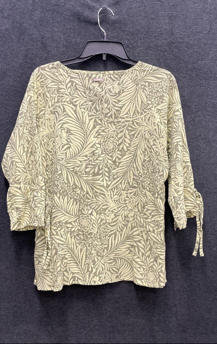 Columbia Women's Tunic Top Green Botanical Leaf Print 3/4 Tie Sleeve Sz L AL7164