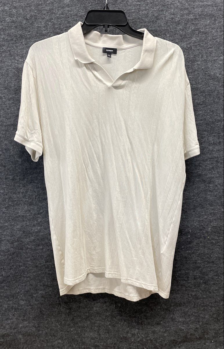 Express Men's Cream Ribbed Textured Short Sleeve V-Neck Polo Shirt Sz M