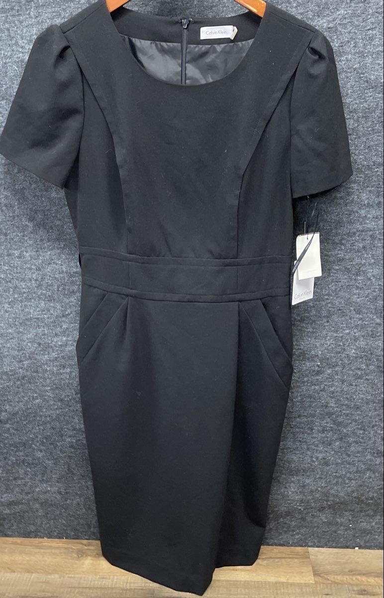 Calvin Klein Women's Black Short Sleeve Banded Waist Sheath Dress NWT Sz 10