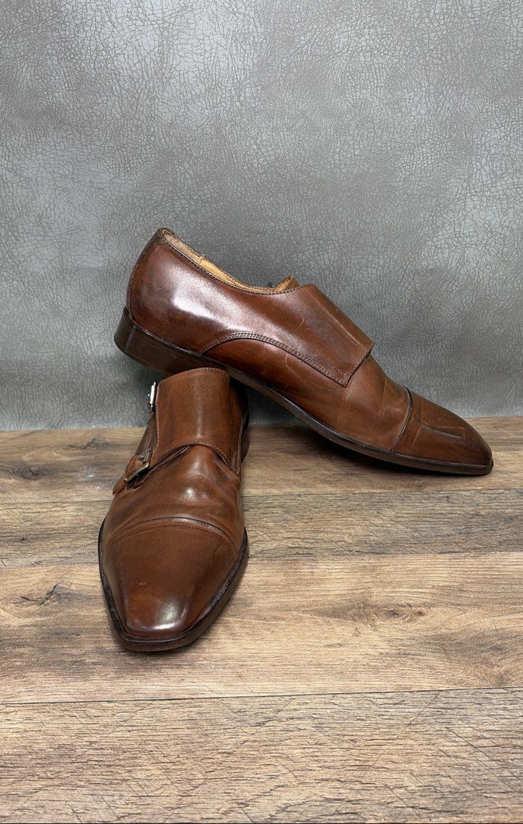 Mercanti Fiorentini Double Monk Strap Cap Toe Brown Leather Dress Shoes Size 9.5