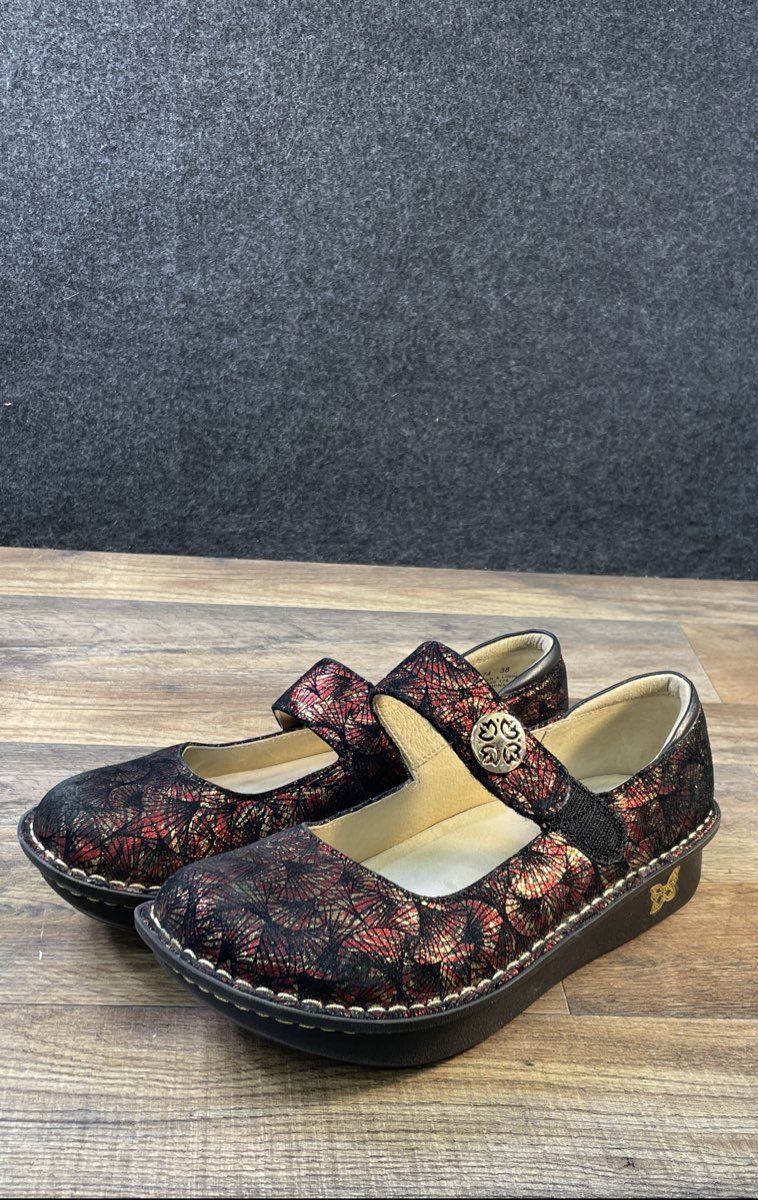Alegria Paloma Red Black Gold Patterned Leather Mary Jane Shoes Size 38