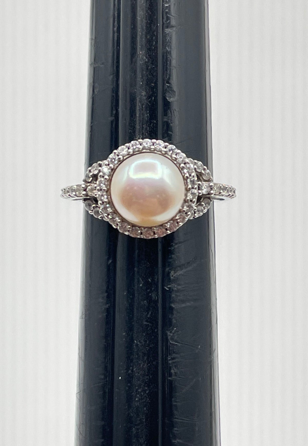 Delmar 925 Sterling Silver White Pearl CZ Halo Accent Ring 3.7g