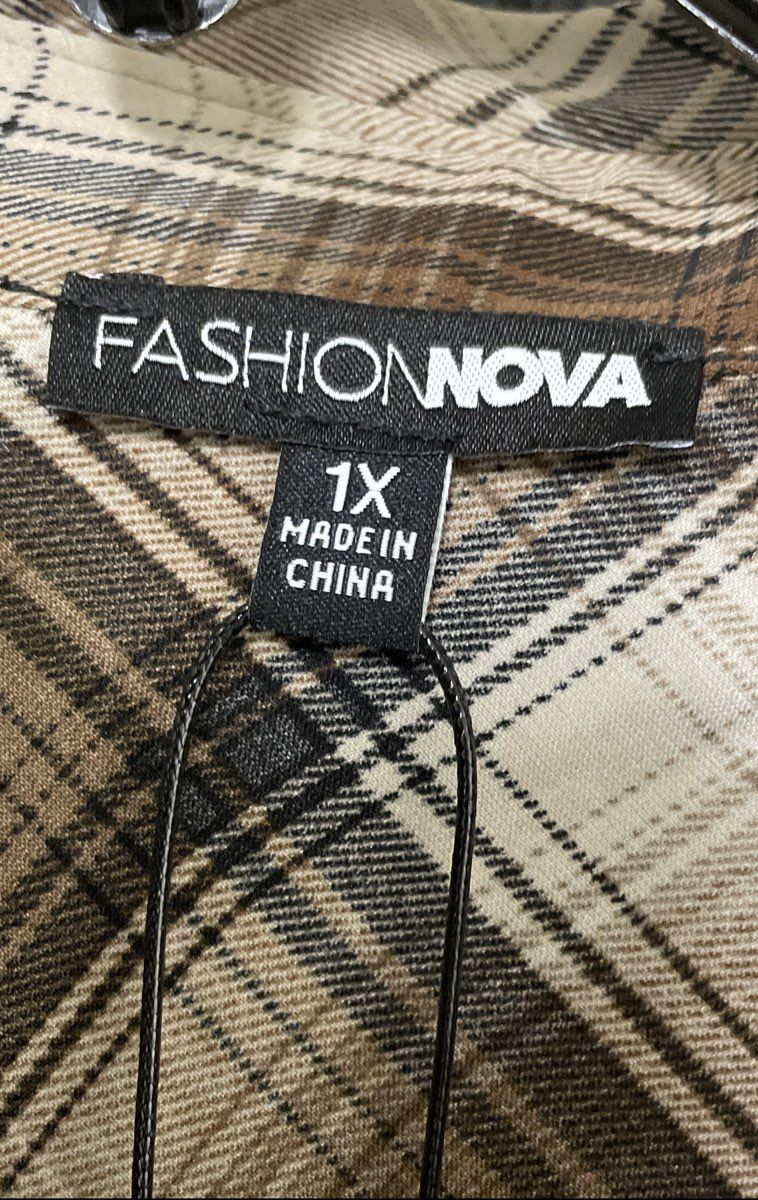 Fashion Nova Women's Brown Plaid Long Sleeve Front Twist Button Up Maxi Dress 1X