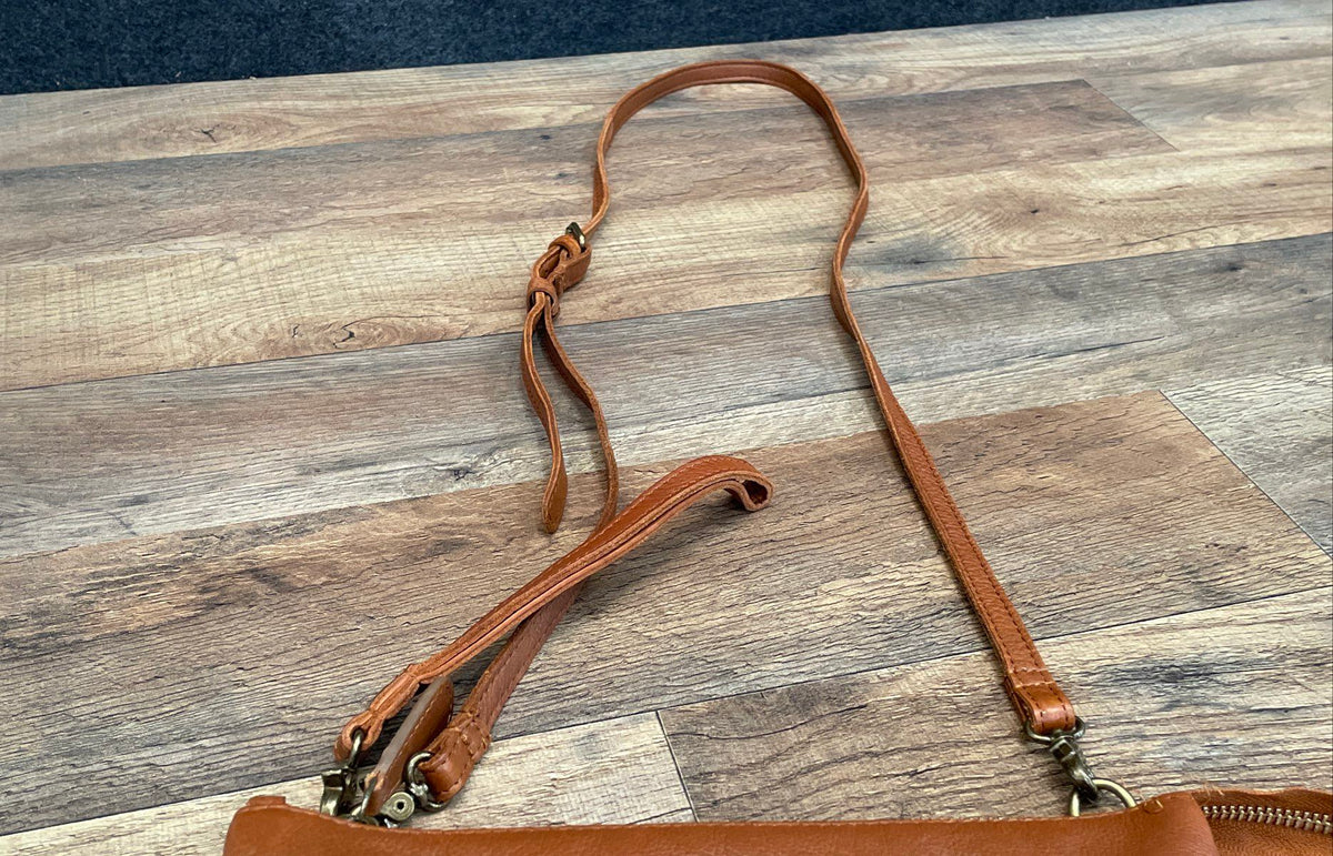 Oak & Tan Brown Leather Triple Gusset Crossbody Bag Wristlet Purse Small