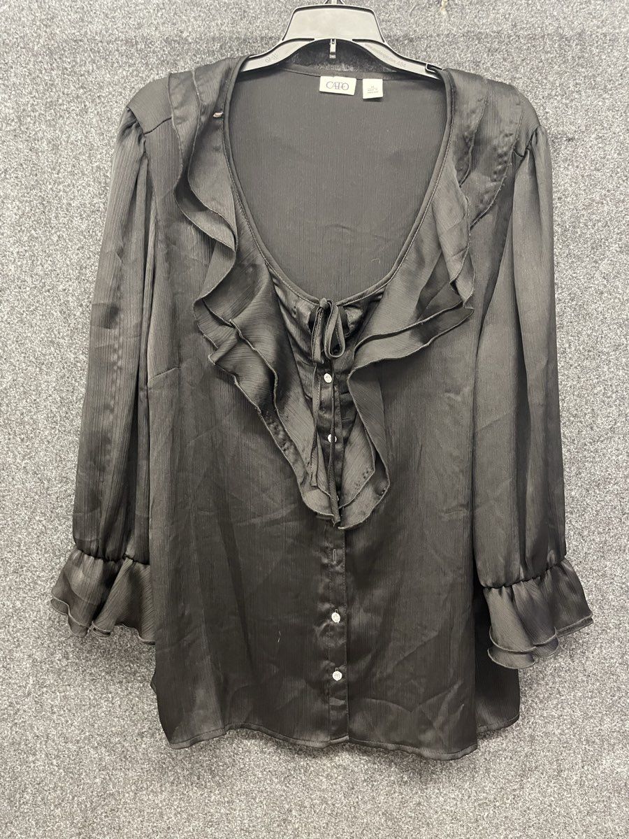 Cato Women's Black Ruffle Neck Tie Front Long Sleeve Blouse Sz XL