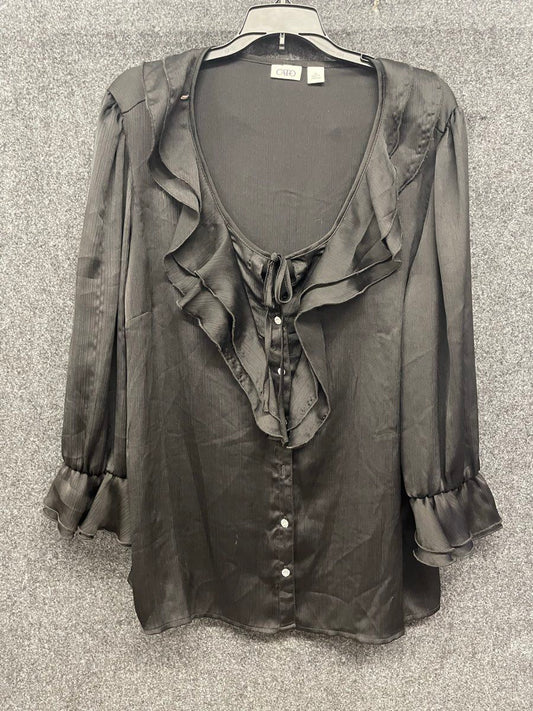 Cato Women's Black Ruffle Neck Tie Front Long Sleeve Blouse Sz XL