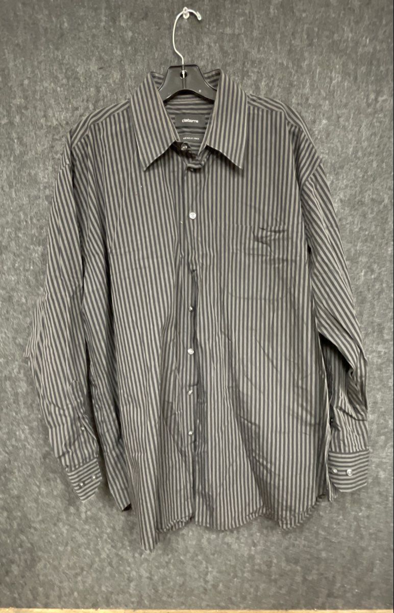 Claiborne Men's Button Down Shirt Black Gray Striped Long Sleeve Wrinkle Free XL
