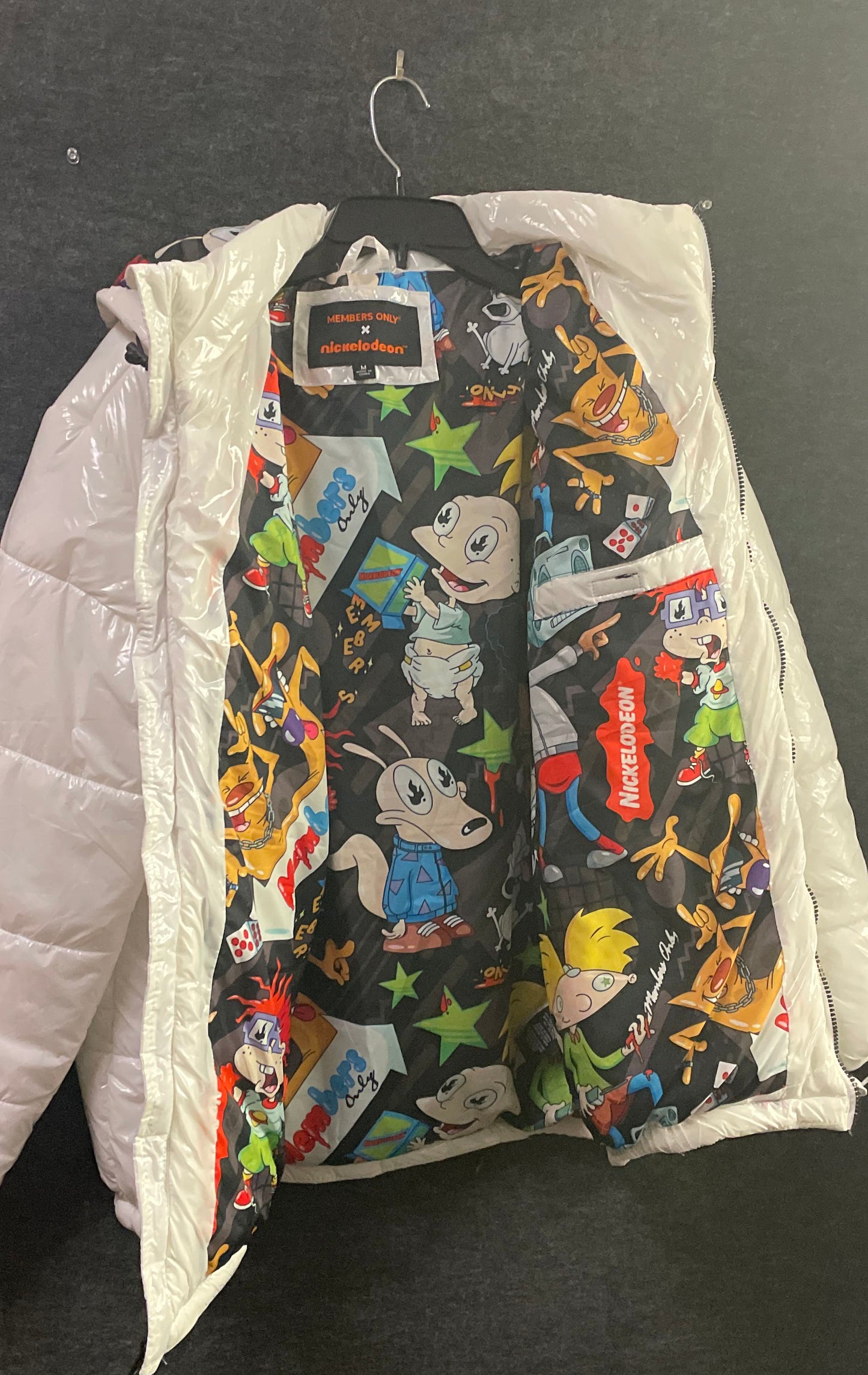 Members Only Men's Nickelodeon Puffer Jacket White Rugrats Hey Arnold Sz M