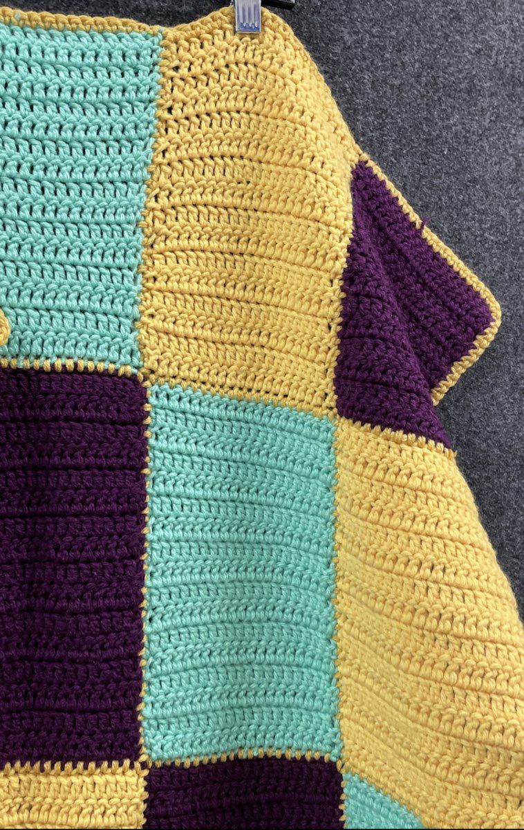 Handmade Multicolor Crochet Blanket Afghan Purple Yellow Teal Patchwork Block