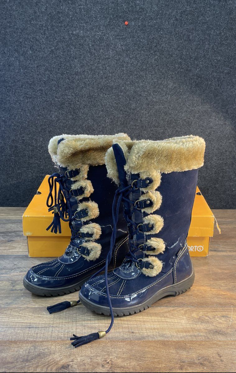 Sporto Navy Blue Patent Faux Fur Tassel Winter Snow Boots Women's Size 11
