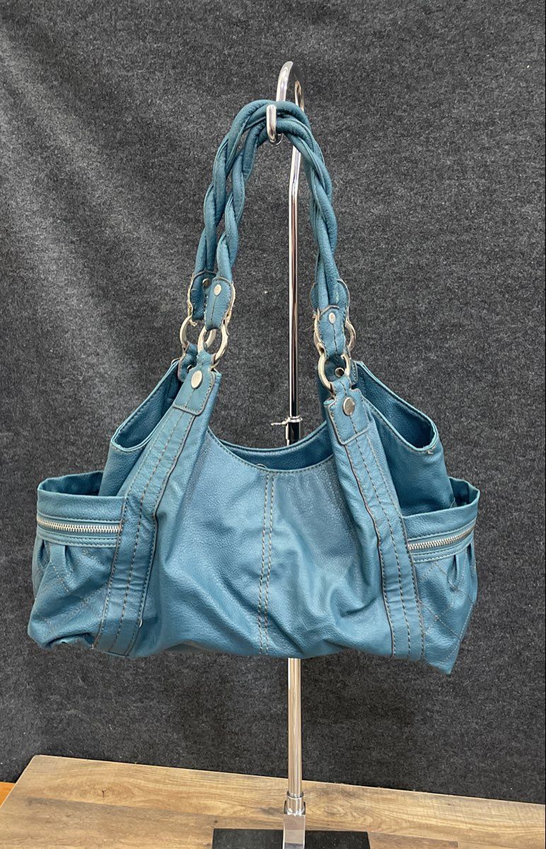 Relic Teal Faux Leather Braided Handle Shoulder Bag Large Quilted Side Pockets