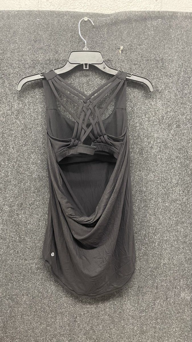 Lululemon Women's Wild Tank Top Black Gray Striped Strappy Criss Cross Sz 6
