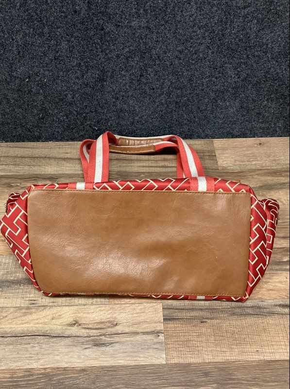 Tommy Hilfiger Red Monogram Jacquard Tote Bag Tan Trim Large Shoulder Bag