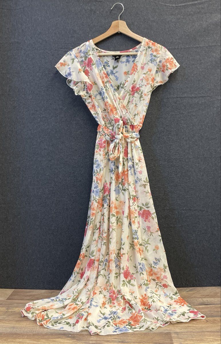 Alexa B Women's Floral Metallic Maxi Wrap Dress Flutter Sleeve Petite Sz 4P