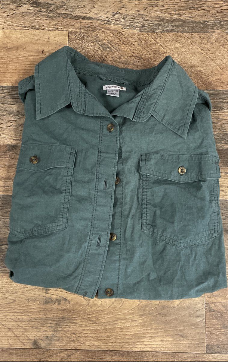Carhartt Women's Sage Green Long Sleeve Roll Tab Button Down Shirt Size L 12/14