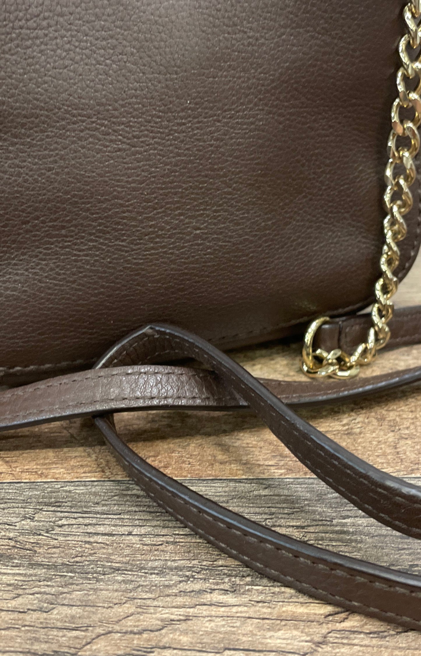Michael Kors Brown Pebbled Leather Small Crossbody Bag Gold Logo Chain Strap
