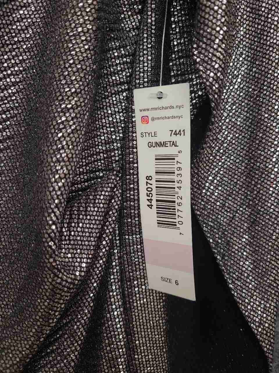 R&M Richards Women's Gunmetal Metallic Ruched Draped Back Cocktail Dress NWT 6