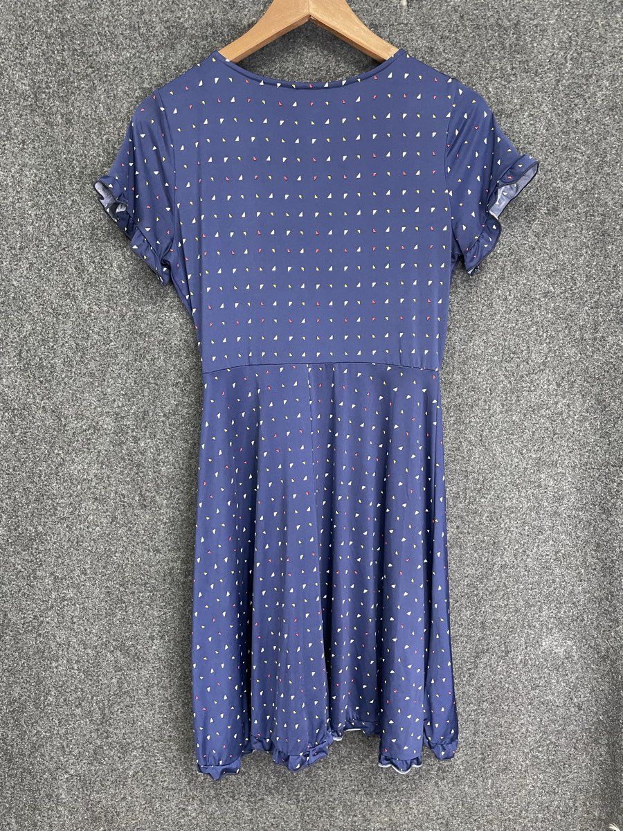 Gilli Women's Blue Geometric Triangle Print Ruffle Hem Faux Wrap Dress Size M