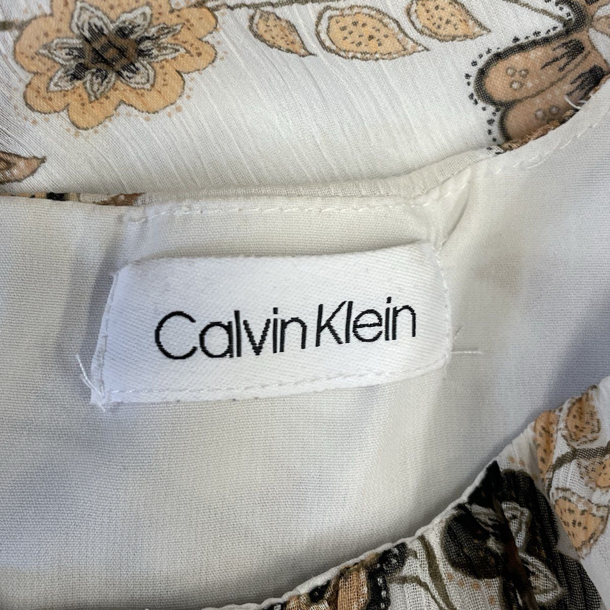 Calvin Klein Women's White Tan Floral Sleeveless Keyhole Lined Blouse Top