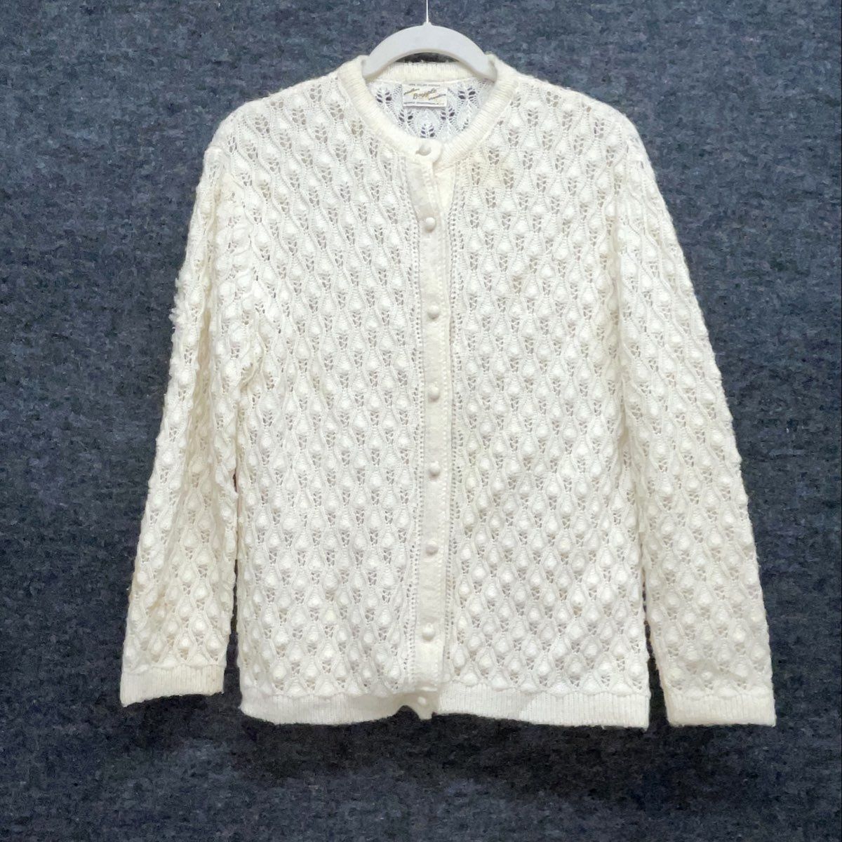 Vintage 60s Boepple White Pointelle Knit Cardigan Sweater Orlon Acrylic Sz M