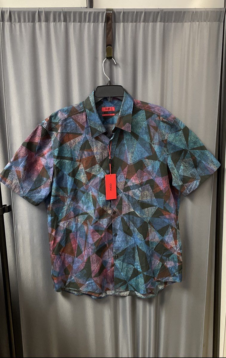 Hugo Men's Geometric Multicolor Short Sleeve Casual Slim Fit Shirt Sz XXL NWT