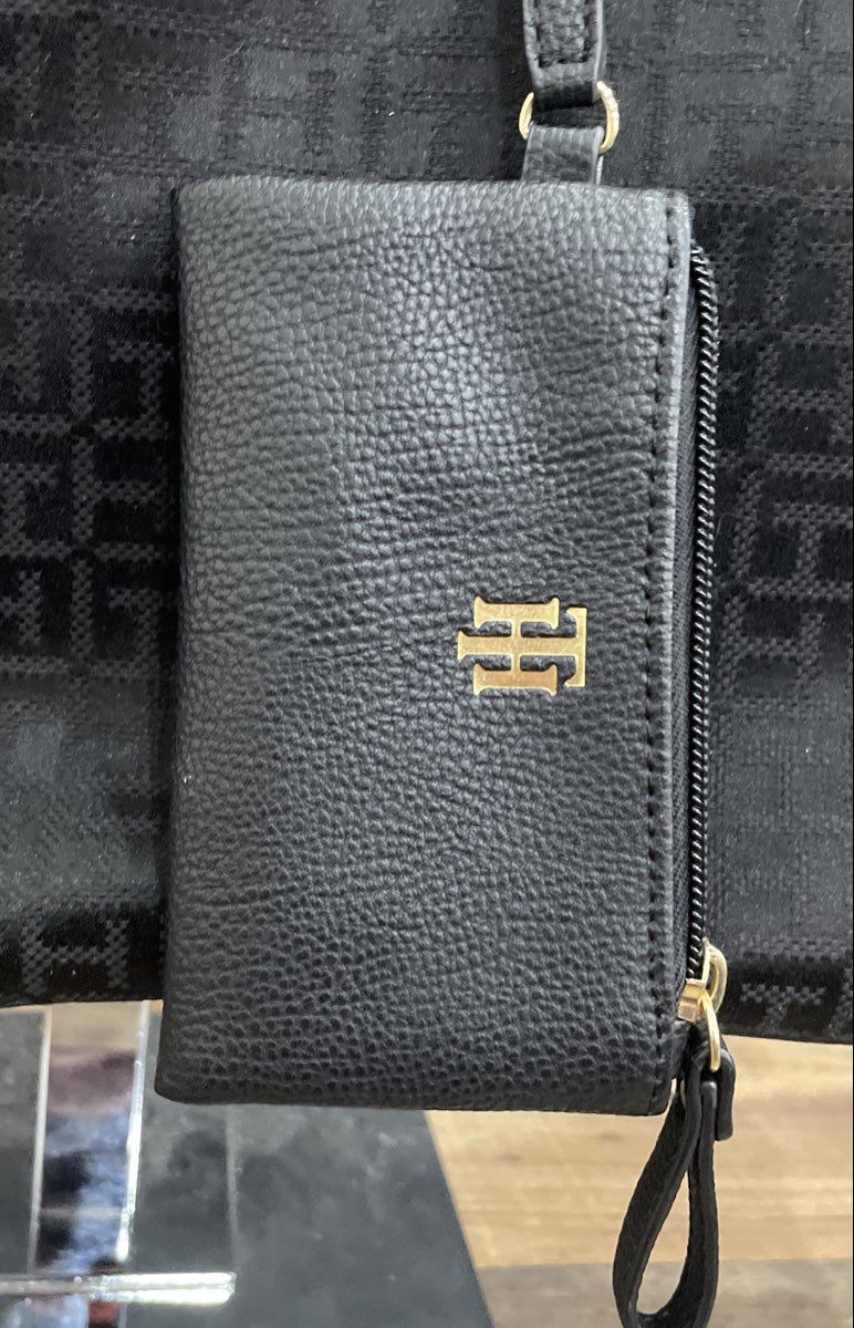 Tommy Hilfiger Black Monogram Tote Bag Gold Chain Hardware with Pouch