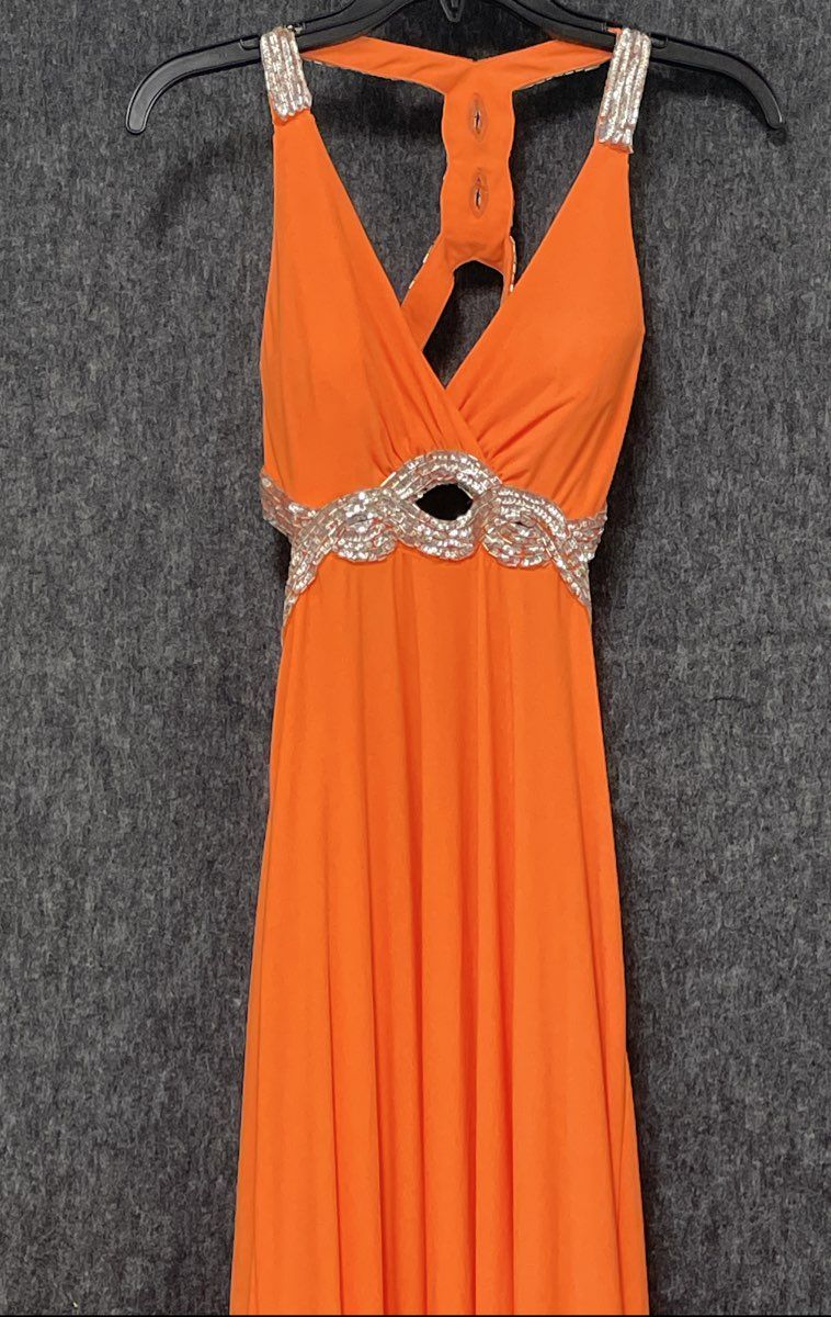 Hailey Logan Women's Vibrant Orange Sequin Halter Evening Dress Size 5