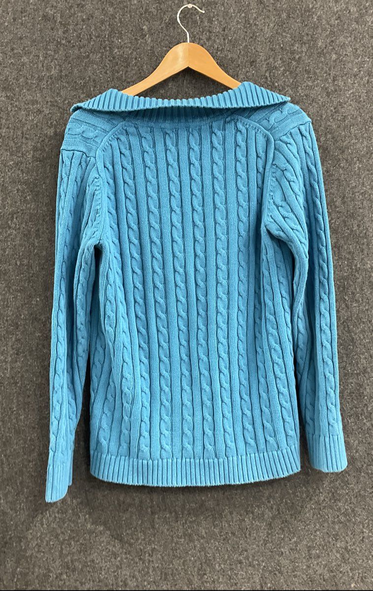 L.L. Bean Women's Blue Cable Knit Collared V-Neck 100% Cotton Sweater Sz M