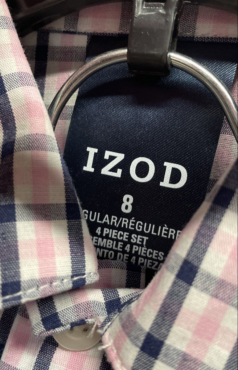 IZOD Boys 4-Piece Suit Set Navy Blue Pink Plaid Shirt Vest Pants Bow Tie Sz 8