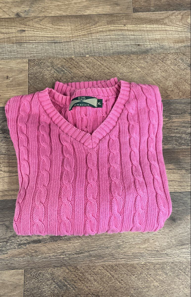 Vintage 90s 525 America Women's Pink Cable Knit V-Neck Cotton Sweater Sz XL