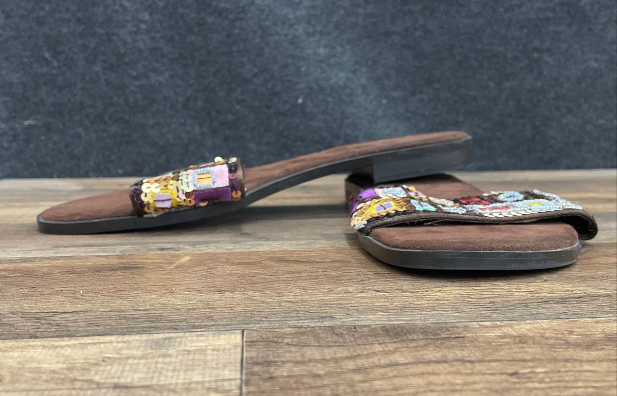 Amanda Smith Bohemian Brown Multi Beaded Flat Slides Sandals Size 11M