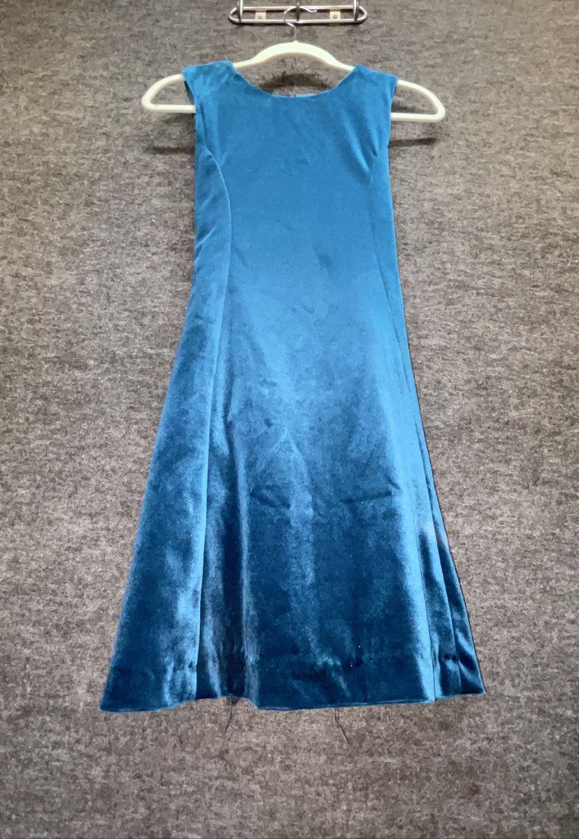 Vintage Y2K Girls Teal Blue Velvet Sleeveless Fit & Flare Dress Tie Waist
