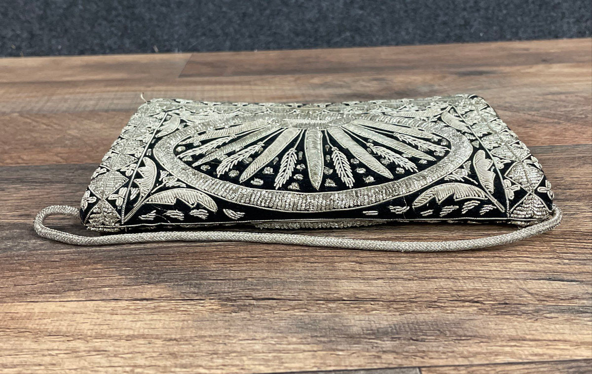 Vintage Black Velvet Hand Embroidered Zardozi Clutch Bag India Silver Metallic
