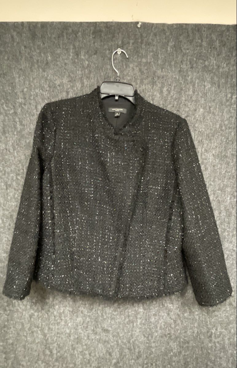Ann Taylor Petite Women's Black Metallic Shimmer Tweed Fringe Trim Jacket Sz 14P