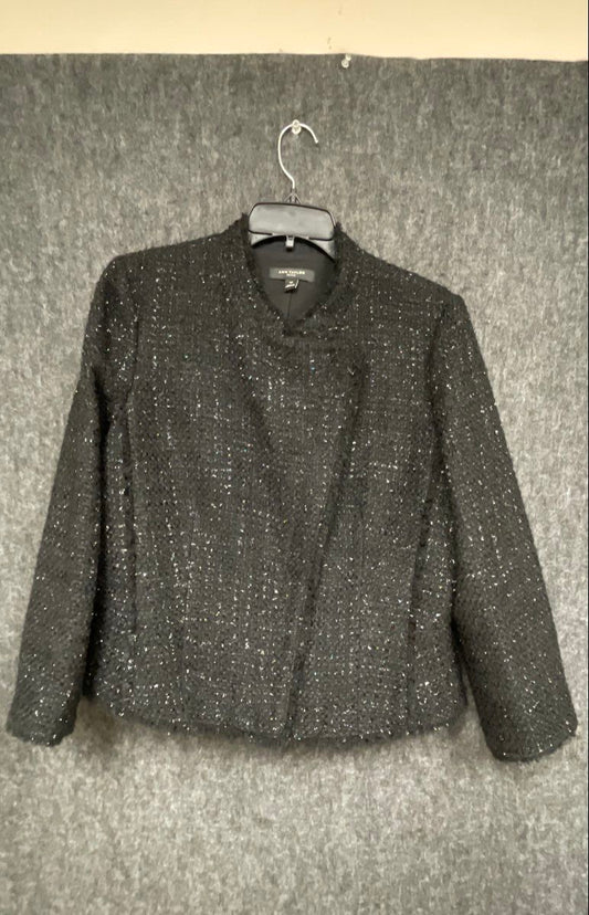 Ann Taylor Petite Women's Black Metallic Shimmer Tweed Fringe Trim Jacket Sz 14P
