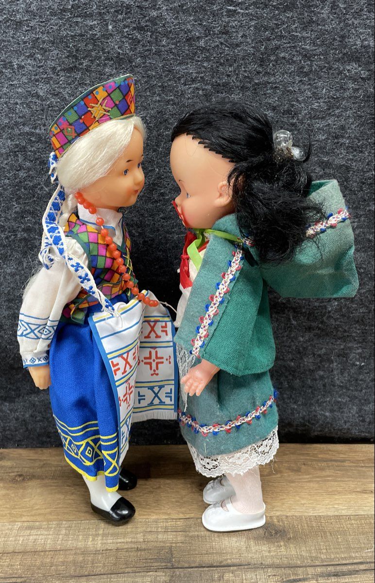 Lot of 2 Vintage Hard Plastic Dolls International Folk Costume Collectible